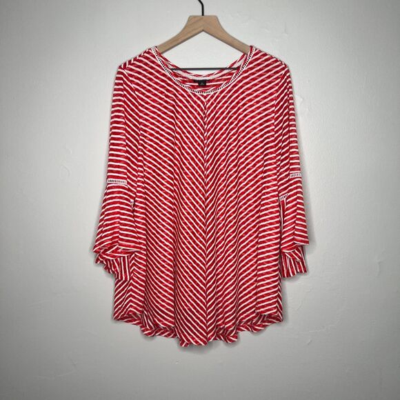 New Directions Womens Top 2X‎ Red Curvy Striped Flowy Bell Sleeve Sheer - Picture 1 of 10